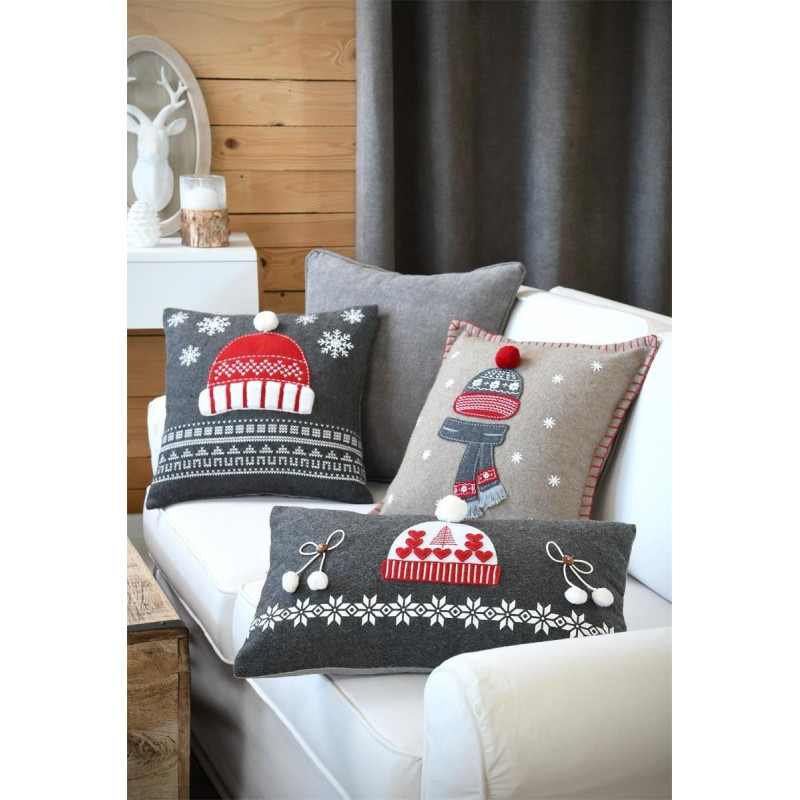 Coussin Déco Montagne Chamonix Gris - 30 X 50 Cm, Housse Coton, Motif Ski, Pour Salon Ou Chambre